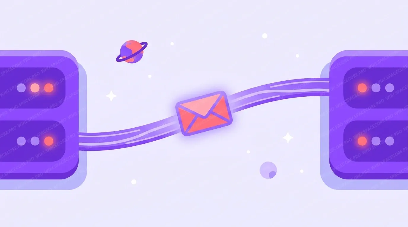 An envelope traveling across the network between two mail servers