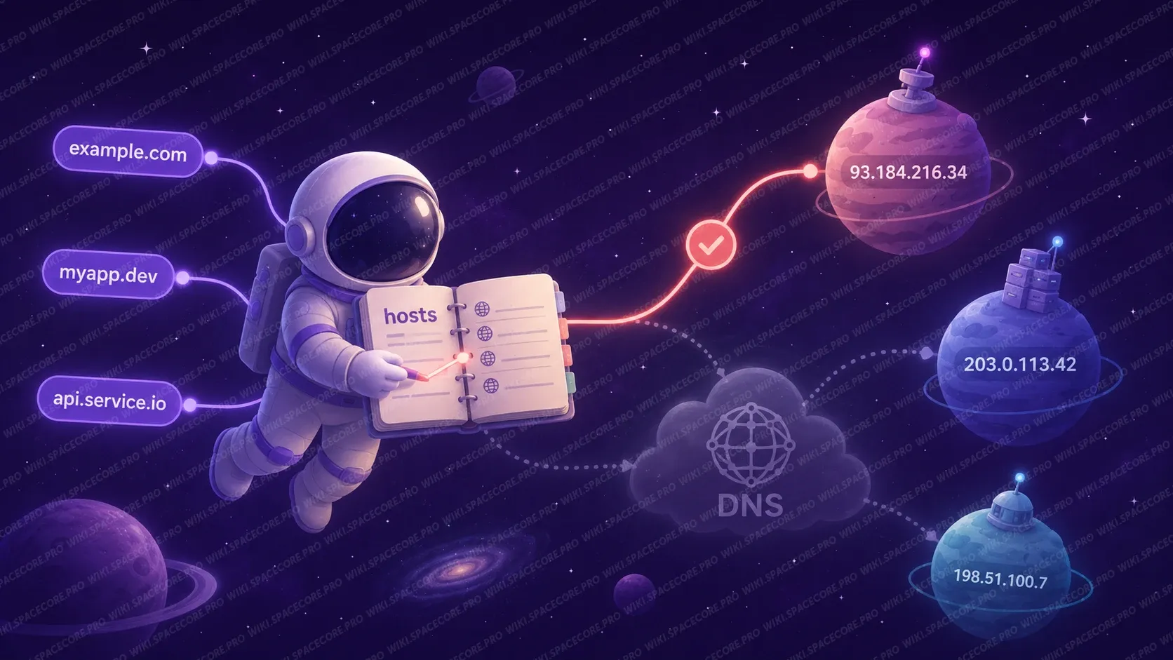 Астронавт із записником hosts спрямовує доменні імена на IP-адреси серверів в обхід хмари DNS