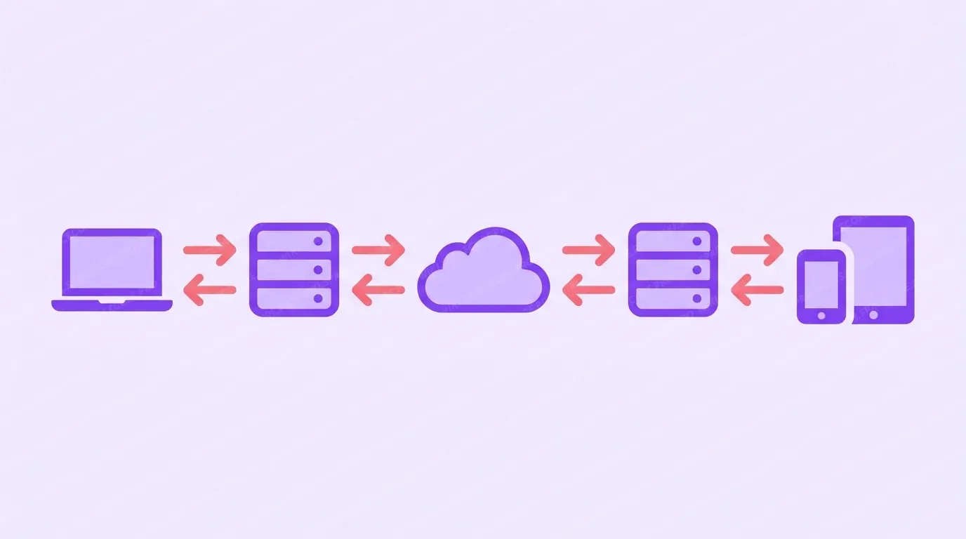 The path of a message: laptop, server, internet cloud, server, phone and tablet