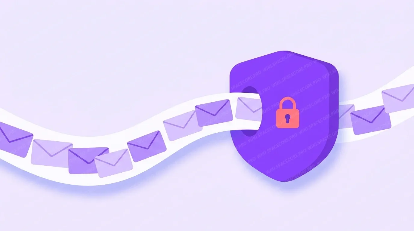 A stream of messages passes through a shield with a lock representing email traffic encryption