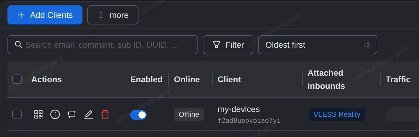 Клиент на странице Clients в 3X-UI