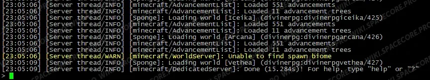 Server log: loading DivineRPG worlds (Iceika, Arcana, Vethea)