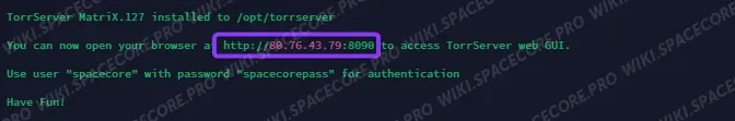Terminal shows the TorrServer web URL after the installation finishes