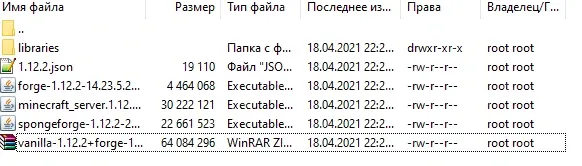 Server file list after unpacking the archive