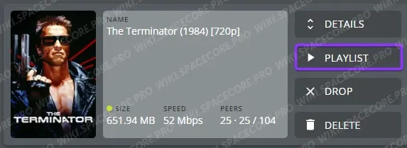 Torrent card with the PLAYLIST button highlighted
