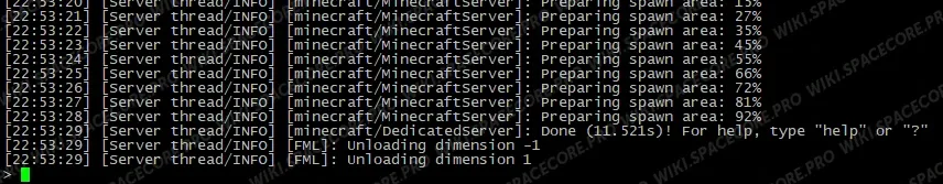 Startup log of a Minecraft server with the Forge core