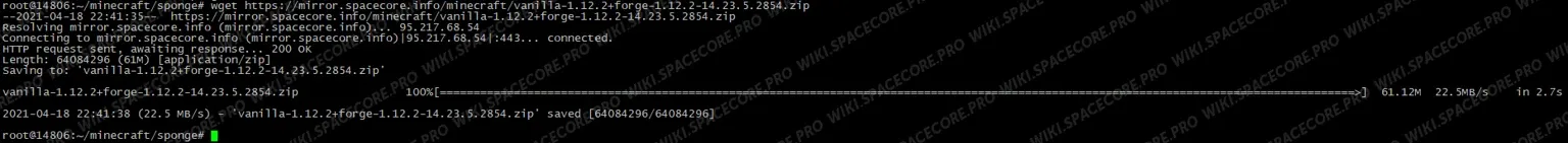 Terminal: wget downloading the vanilla+forge archive