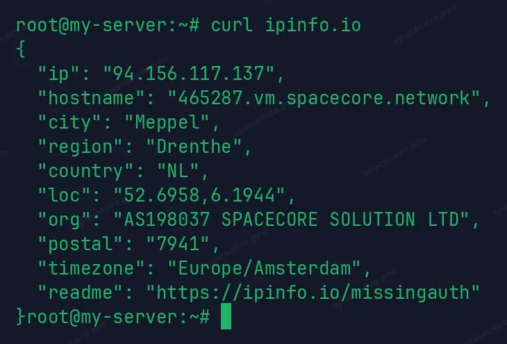 Адрес, город и провайдер в ответе ipinfo.io