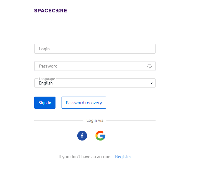 Login page of the SpaceCore client area