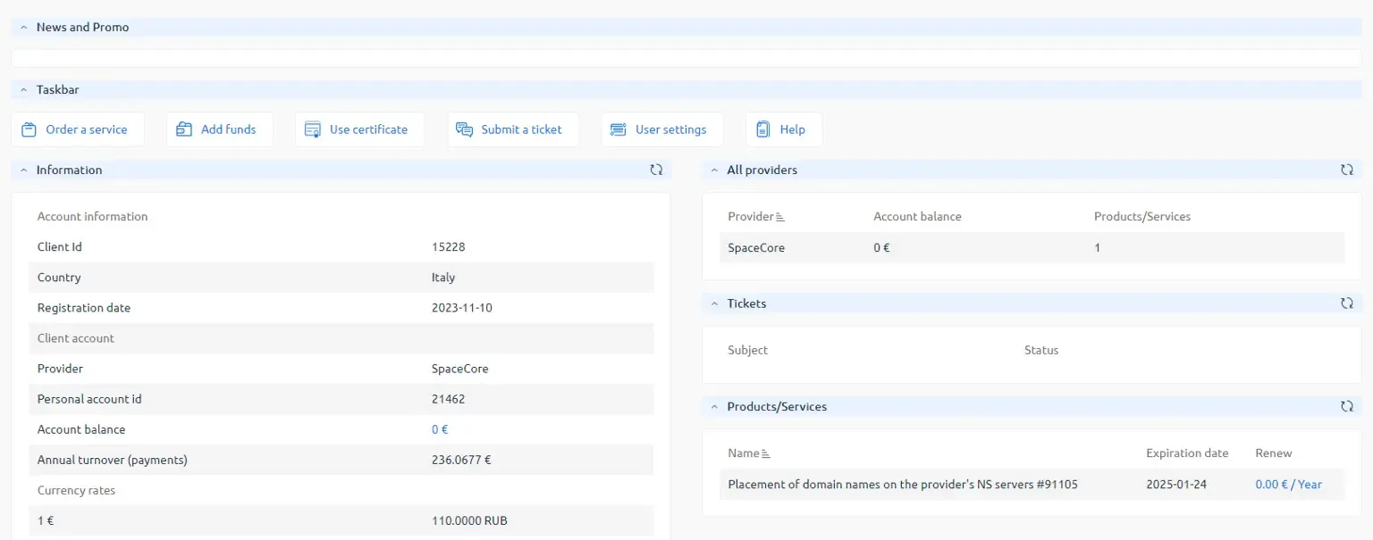 Main page of the client area after registration