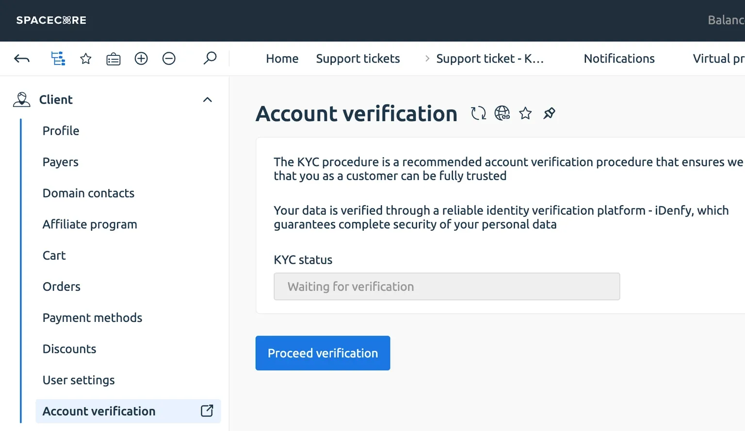 Main page of the SpaceCore client area