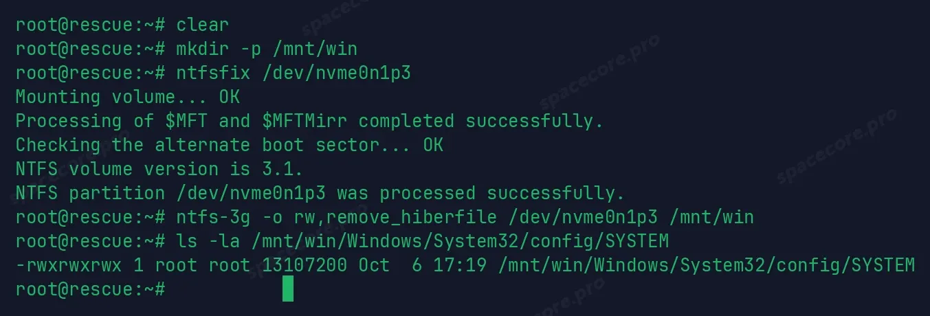 Монтирование раздела Windows и проверка файла SYSTEM
