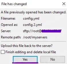 sFTP dialog offering to re-upload the file