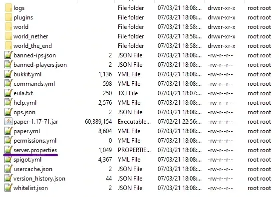 File listing of the survival server folder
